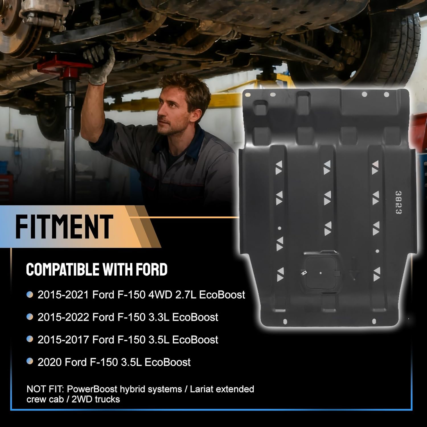Steel Transmission Skid Plate Compatible with 2015-2022 Ford F150，Heavy-Duty Steel Version Splash Undercarriage Protection Panel Shield kit（Not fit PowerBoost）
