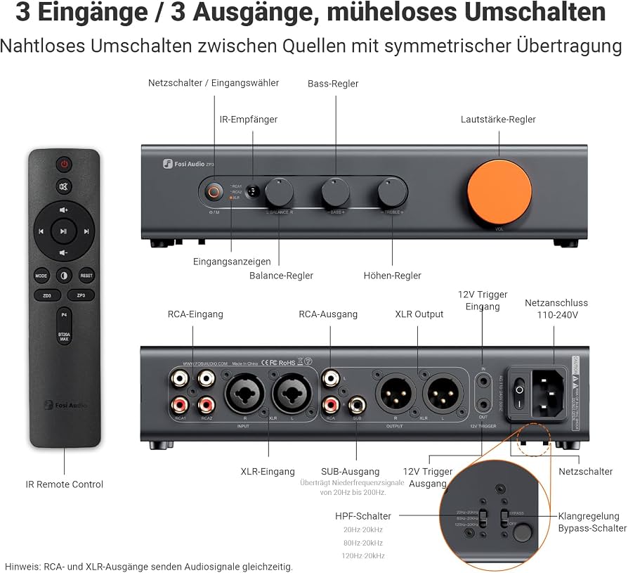 Fosi Audio ZP3 Preamplificatore Bilanciato Con HPF, Ingressi RCA/XLR E Subwoofer Out – Controllo Audio Domestico 2.0 E 2.1 - 2
