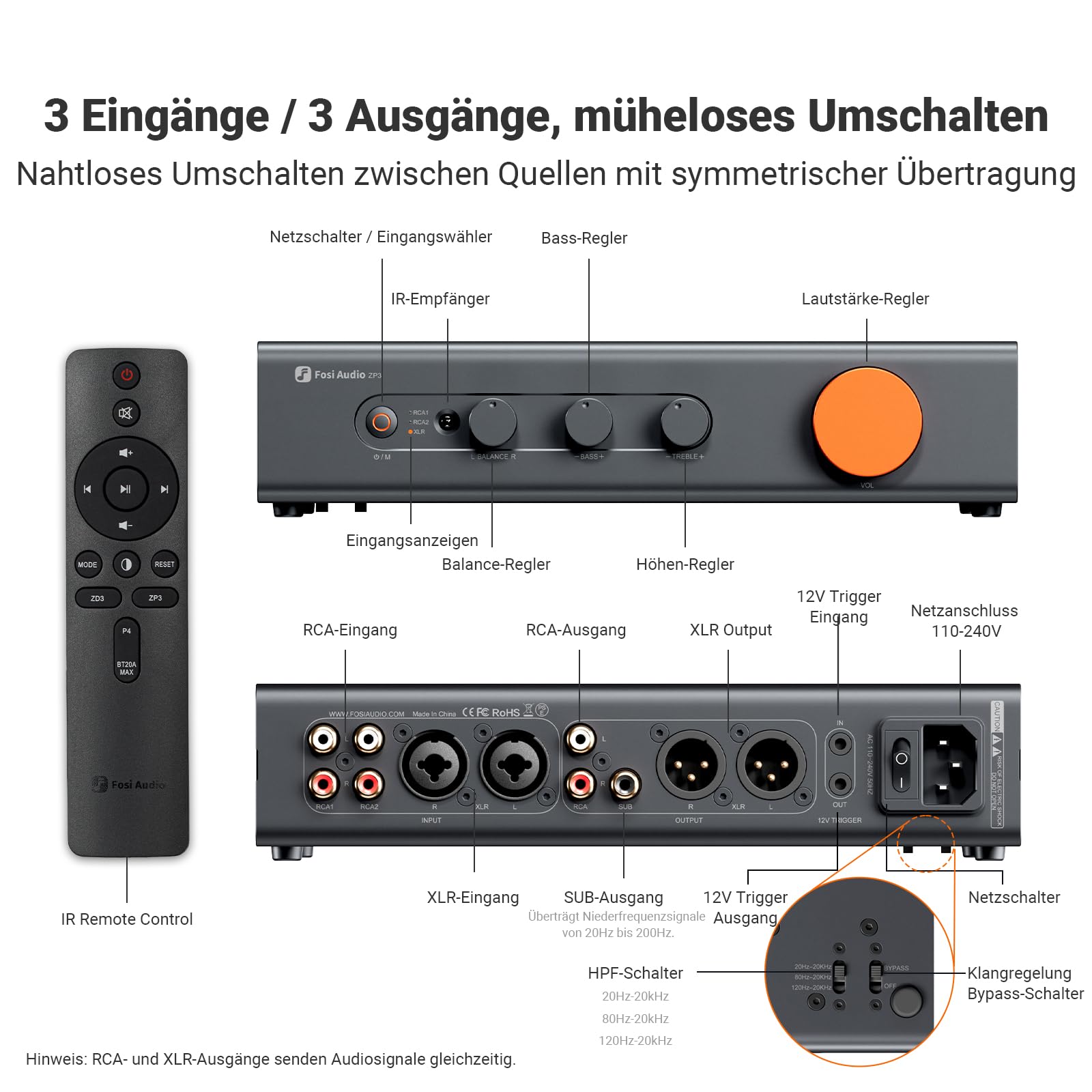 Fosi Audio ZP3 Symmetrischer Vorverstärker für Home Audio, 2 RCA und XLR Eingänge, RCA/XLR Ausgänge und Sub-Out, Preamp für 2.0 Stereo und 2.1 Setup, mit HPF Hochpassfilter und Tone Control
