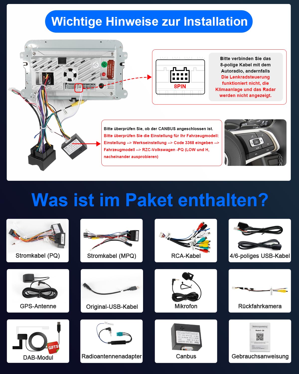 Autoradio mit Bildschirm für VW Golf 5 6 T5 Passat Polo 6R Tiguan Seat Skoda, 7 Zoll VW Caddy Radio 2Din mit Apple CarPlay Android Auto Mirrorlink DAB+ Navi Bluetooth WLAN Canbus GPS 8-Kern 4+64GB