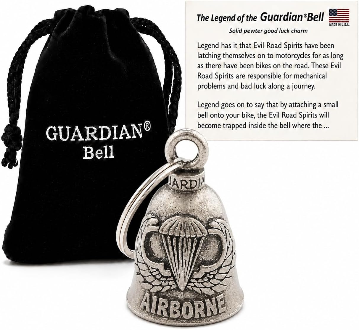 Guardian Bell Airborne Good Luck Bell w/Keyring & Black Velvet Gift Bag | Motorcycle Bell | Lead-Free Pewter | Good Luck Gift to Friends & Family | Bike Bell | Made in USA