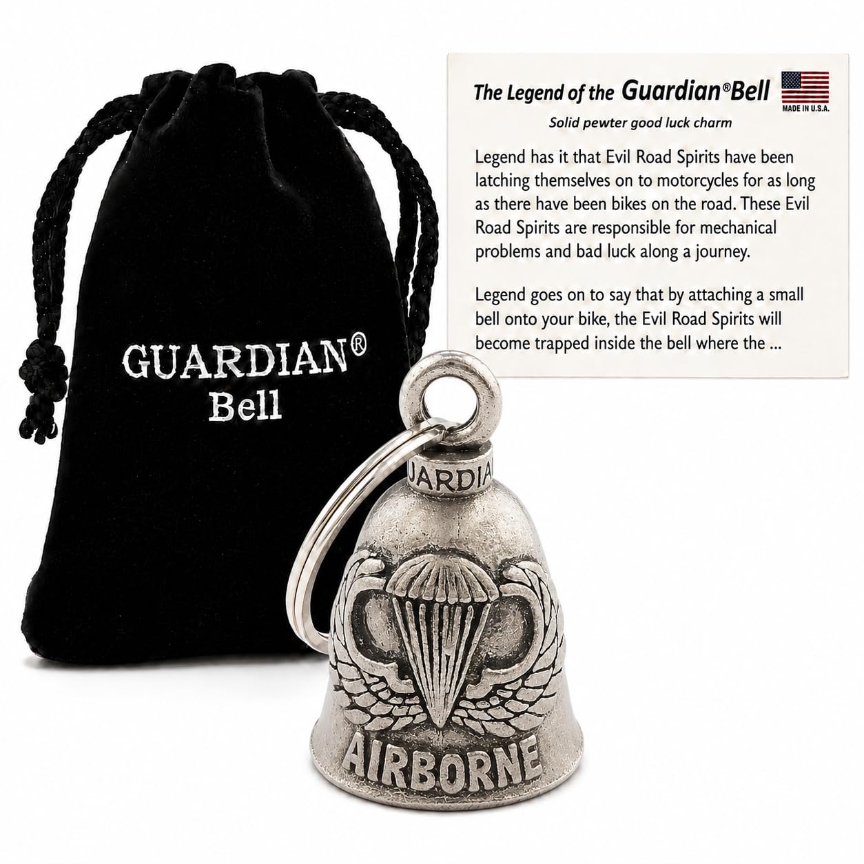 Guardian Bell Airborne Good Luck Bell w/Keyring &amp; Black Velvet Gift Bag | Motorcycle Bell | Lead-Free Pewter | Good Luck Gift to Friends &amp; Family | Bike Bell | Made in USA