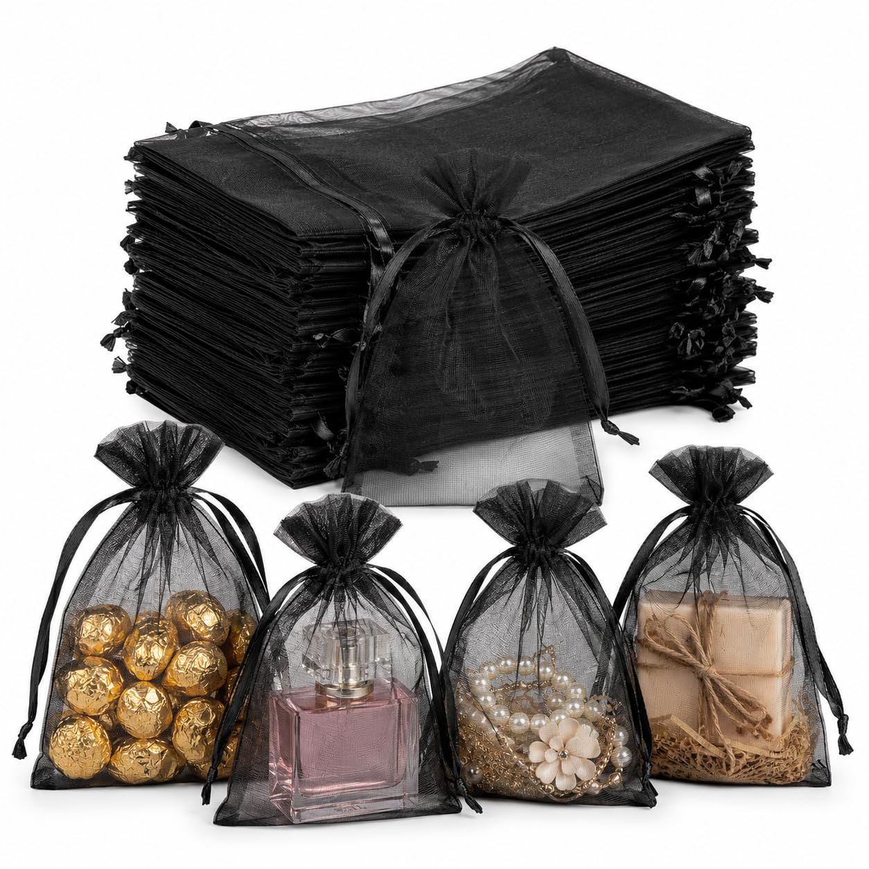 Hopttreely 5x7 Black Organza Bags - Durable Mesh Drawstring Gift Bags with Sturdy Closure for Party Favors, Wedding, Jewelry, Easter, Halloween, Small Business Packaging, Sachet Bags