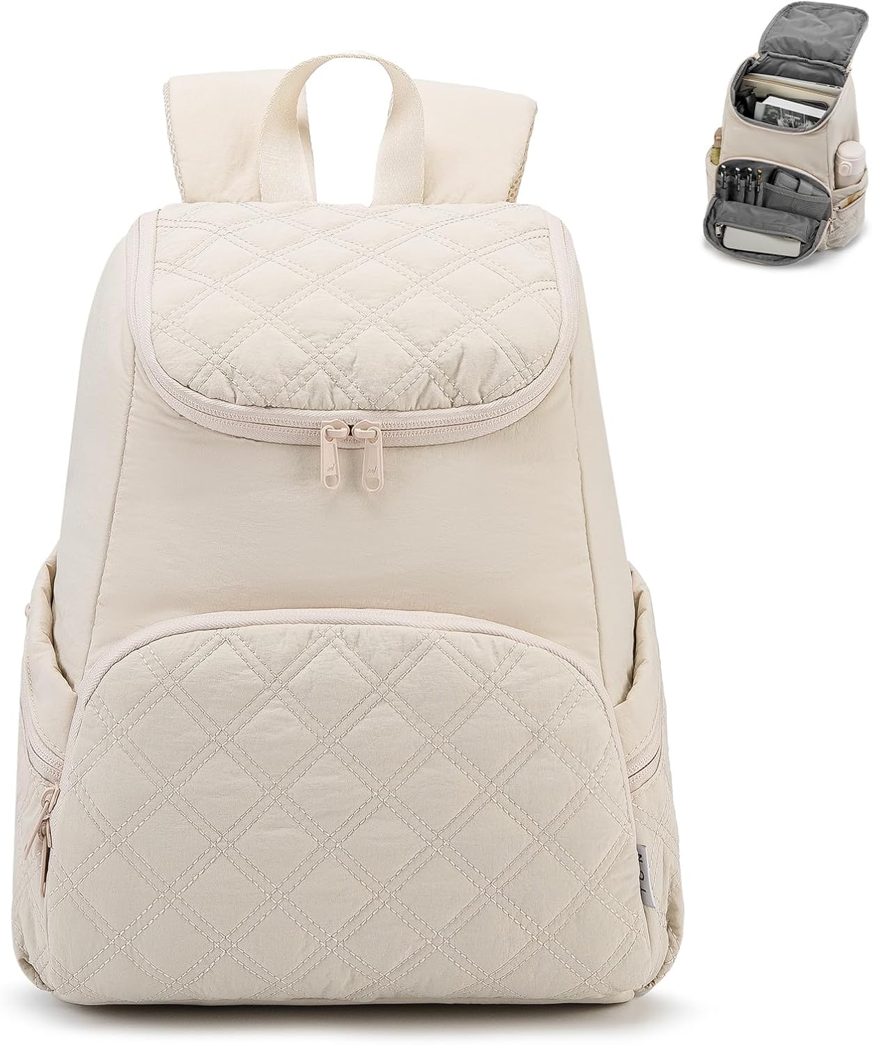 NOL Natural Organic Lifestyle Women's Quilted Puffer Backpack, Large Waterproof Lightweight Puffy Bookbag, Carry on Daypack for Travel, Work (Cream)
