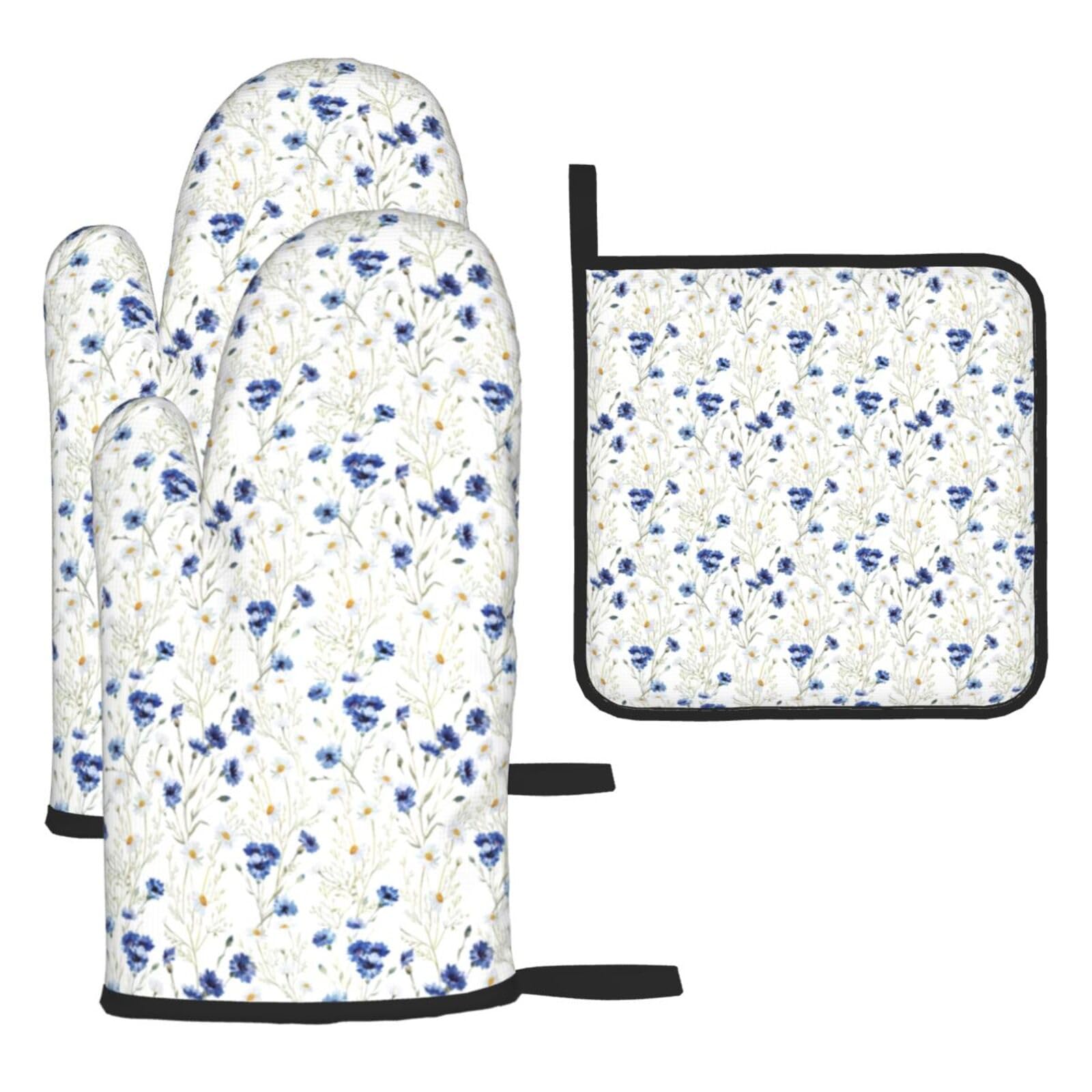 Wild Flowers And Cornflowers Daisies Print Oven Mitts Kitchen Gloves Set Everyday Baking Grilling Microwaving Cooking Gift