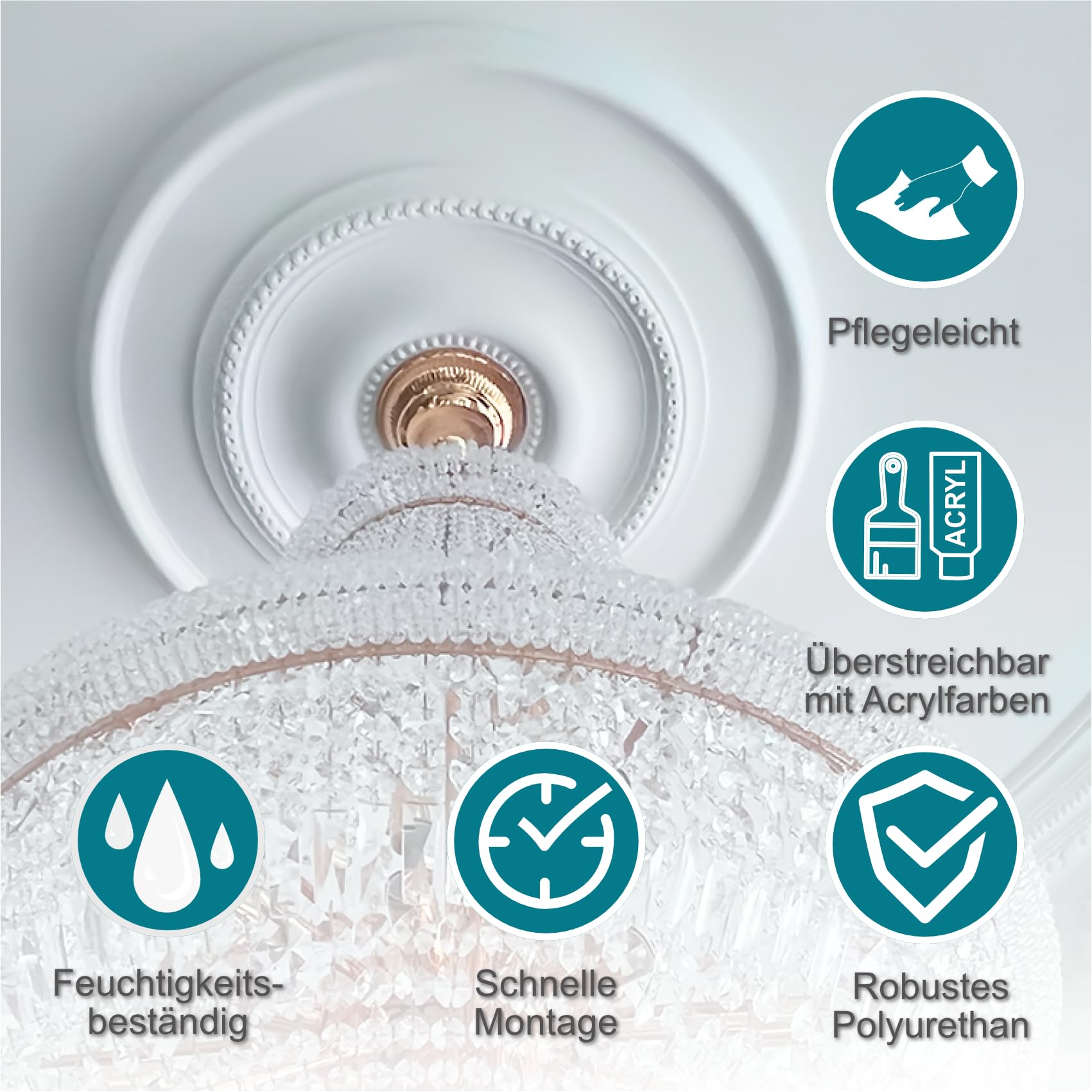 HEXIM Perfect Stuckrosette aus PU hartschaum - Deckenrosette weiß, Zierelement, Stuck (B3048, Ø 615mm) Dekorbau Wand Deckenstuck Wandstuck rund