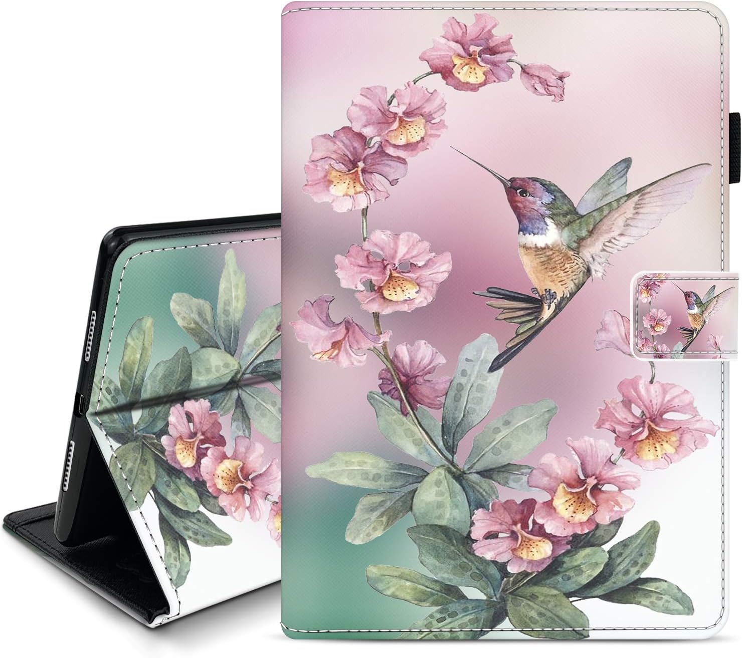 Case for iPad 10.2 Inch (2021/2020/2019 Model, 9th/ 8th / 7th Generation),Smart iPad 10.2 Case,Auto Wake/Sleep Cover, Leather (Flower Hummingbird)