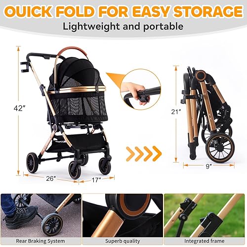 Miniatura 4 de Cochecito para mascotas 3 en 1, cochecito de mascotas plegable de un solo toque con 4 ruedas, transportador de viaje plegable para mascotas SM