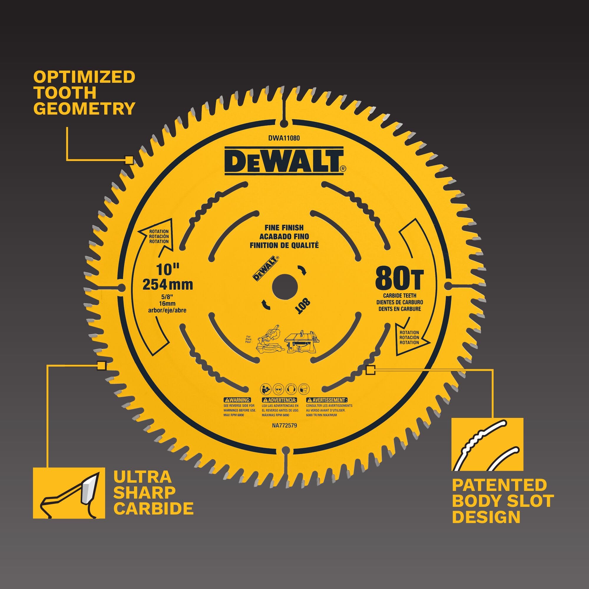 DEWALT Hoja de sierra circular de acabado fino 80T de 10 pulgadas (DWA11080)