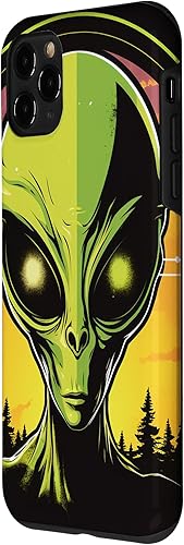 Vista 23 de iPhone 14 Pro Cute Green Alien Head UFO Space Face Alien Case