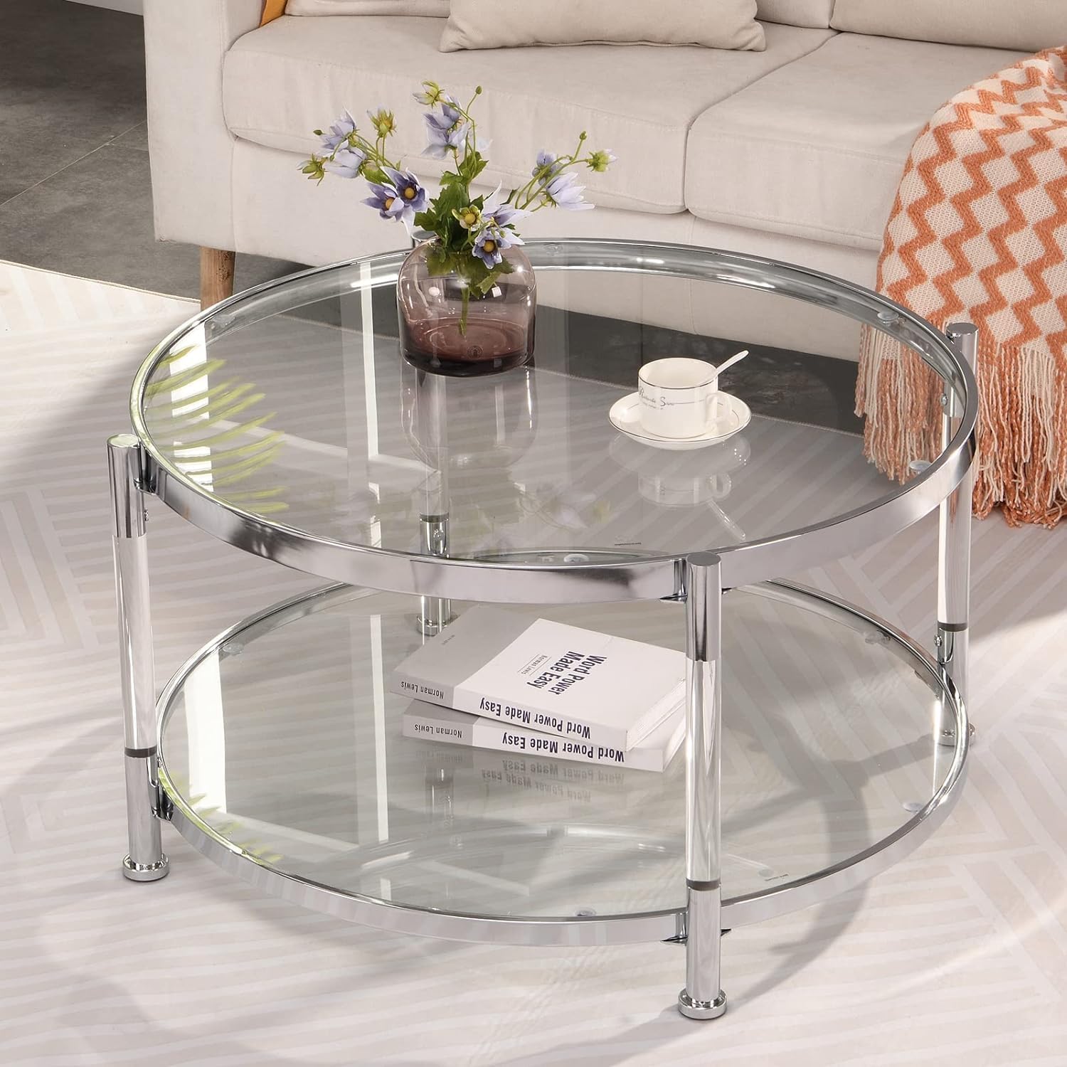 Round Silver Metal Base Coffee Table, 2-Tier Acrylic Glass with Storage, Modern Coffee Table for Living Room