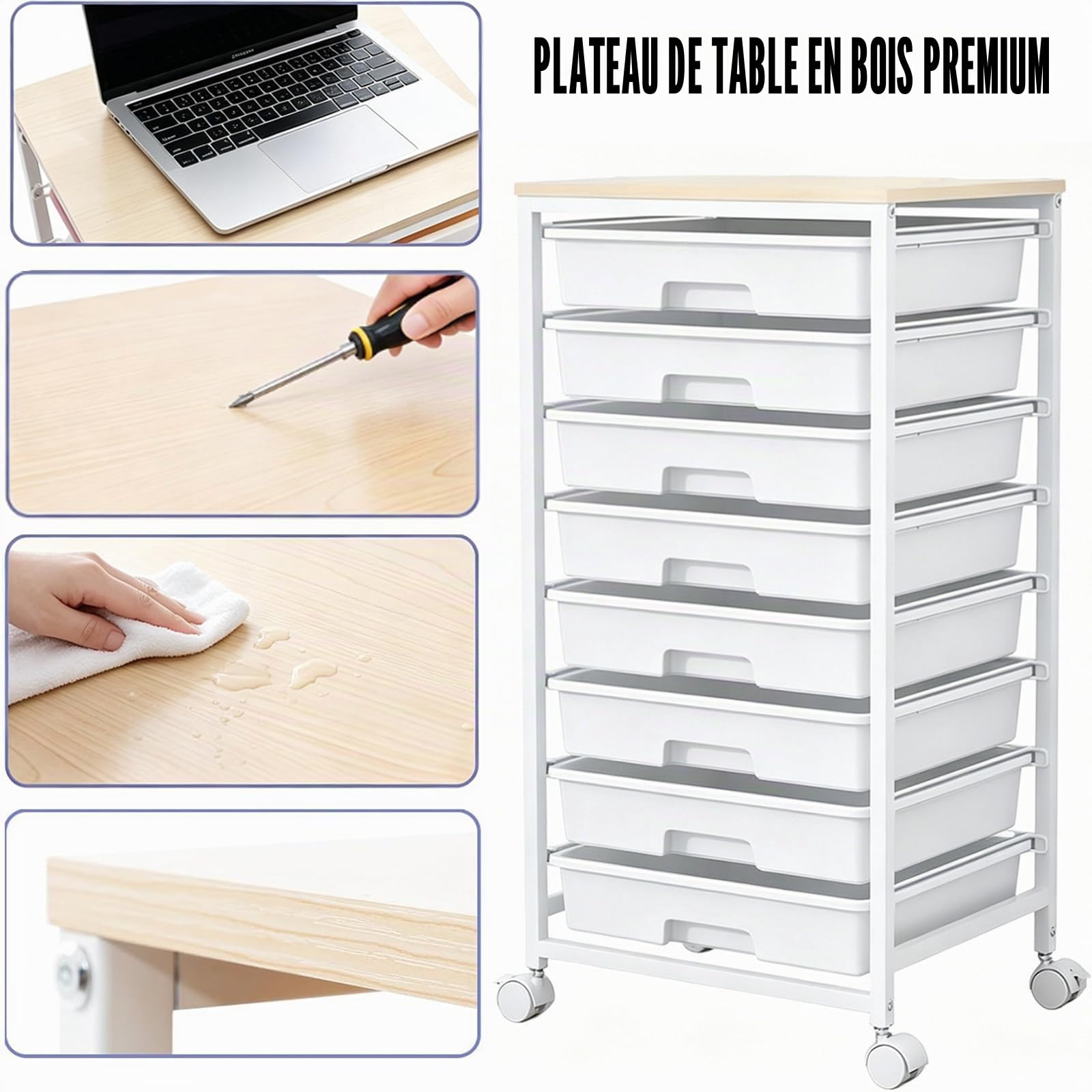 Chariot de Rangement à Roulettes avec 8 Tiroirs, Desserte à Roulettes avec Plateau en Bois, Chariot de Rangement pour Bureau, Cuisine, Salon et Chambre