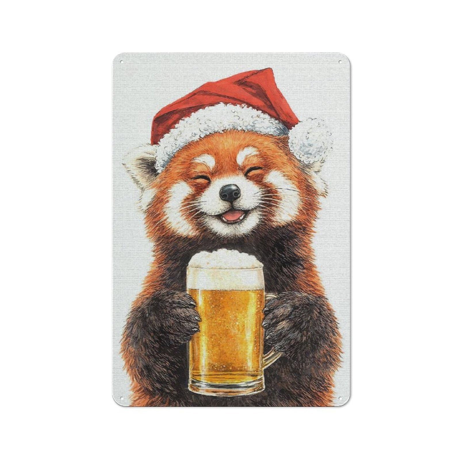 Junmoney Style-20 Bistro Style Bistro Metal Sign 30X20cm Featuring Red Panda In Santa Hat With Beer, Shop Wall Decor For Takeaway, Bar, Kitchen Or Counter Area