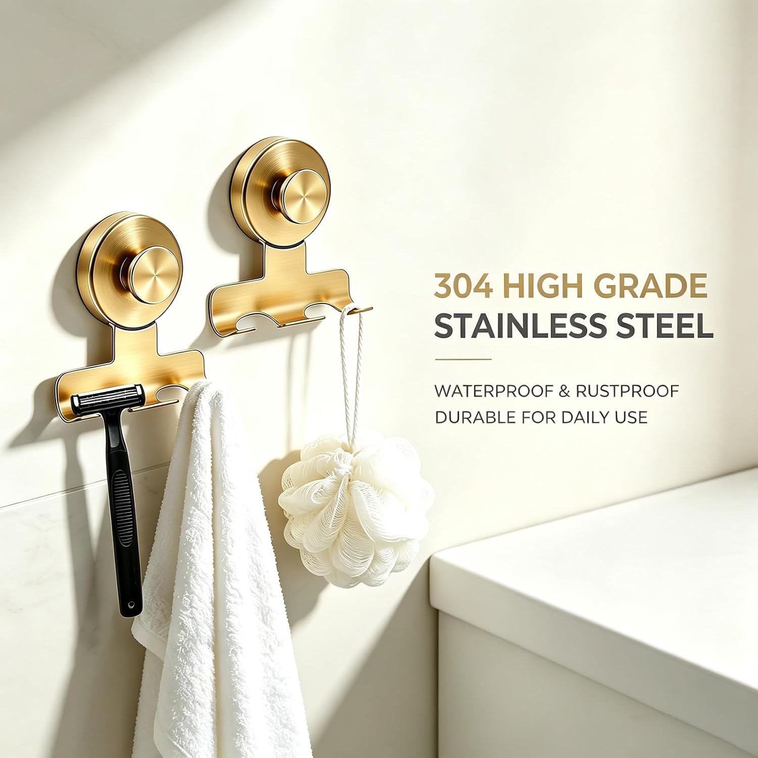 Razor Holder for Shower, 2‑Pack Gold Suction Cup Steel Wall Mount, No‑Drill Bathroom Storage with 15‑lb Load‑Bearing, Modern Twist‑Lock Design for Razors, Towels & Loofahs