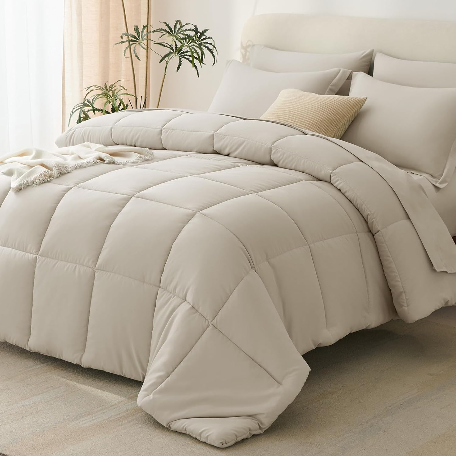 CozyLux Queen Comforter Set Oatmeal - 7 Pieces Bed in a Bag