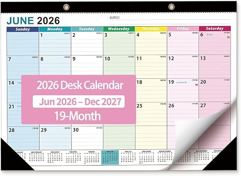 Desk Calendar 2026-2027 - Ougesi 19 Month Desk Top Calendar, 17x12 | June 2026 - Dec 2027, Academic Desk Calendar with Thick Paper, Large Blocks for Home & Office Colorful