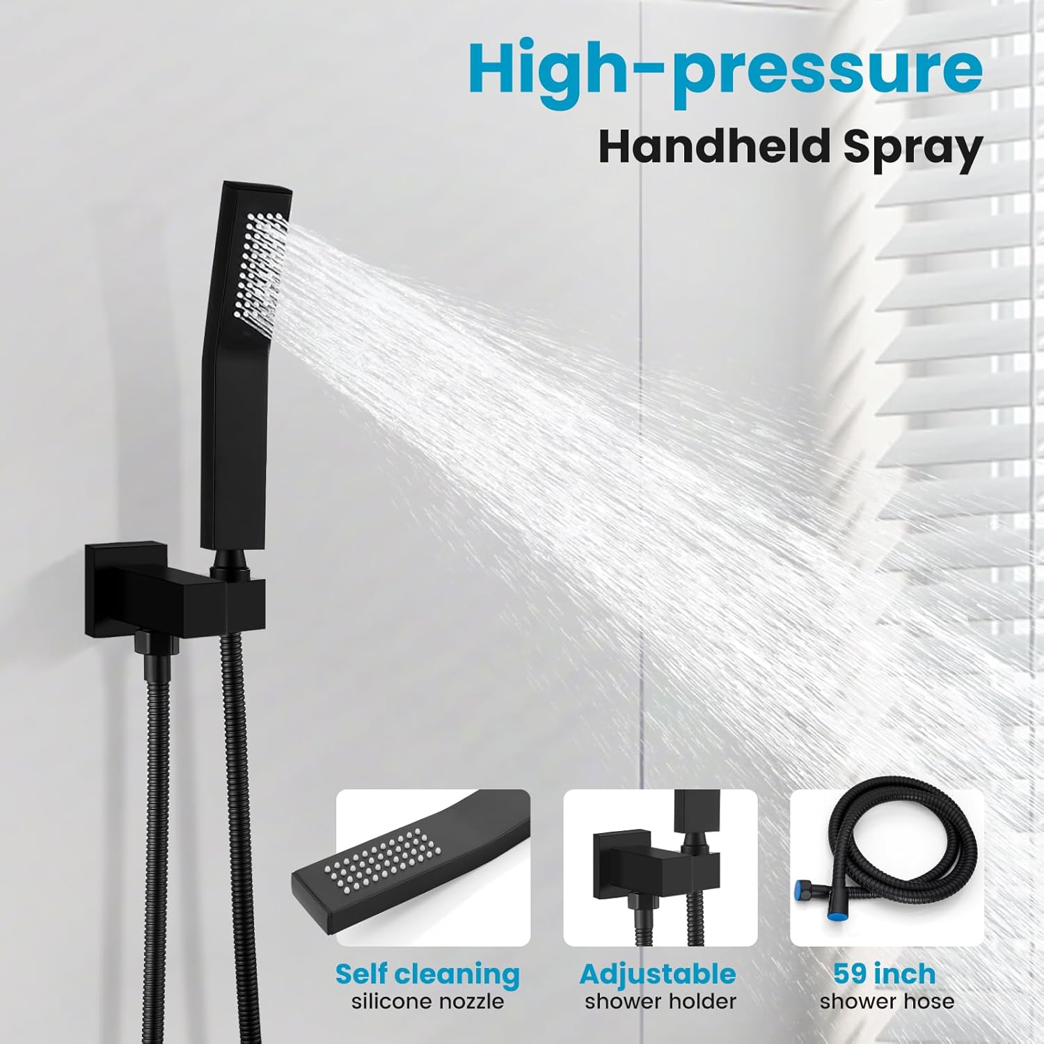 gotonovo 10'' Rain Shower Faucet System Rainfall Shower Head with Handheld Sprayer Waterfall Tub Spout Wall Mounted Mixer Combo Rough-in Valve and Trim Included 5.7 Inch Wide Spout Matte Black