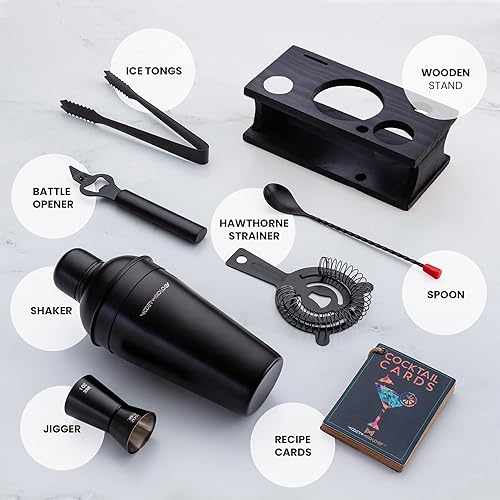 Miniatura 2 de Mixology Bartender Kit  Juego de coctelera dorada de 8 piezas con soporte de madera de pino negro, tarjetas de recetas e ideas de accesorios de bar