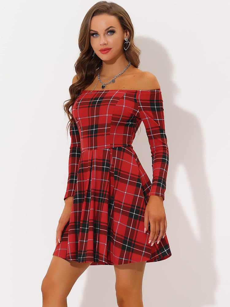 ワンピース Classic Glen Checkered Shirt Off-Shoulder Dress Allegra K Women's Christmas Off Shoulder Long Sleeve A-Line