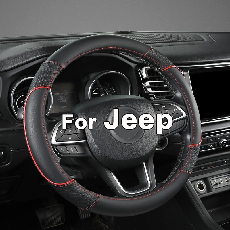 Capa para Volante GIANT PANDA para Jeep, Couro com Padrão Losango, Preta com Detalhes Vermelhos, 37–38 cm