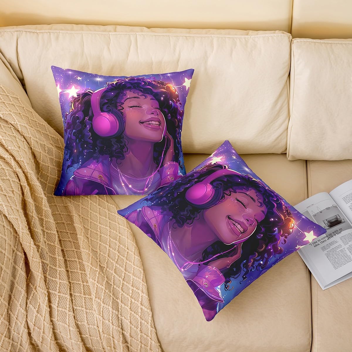 Castle Fairy Music Girl Throw Pillow Covers 18"x18" Set of 2 American Style Hip Hop Cushion Covers for Couch Sofa Stars Headset Dreamy Decorative Pillowcases Black Purple Outdoor Pillows Covers image 2