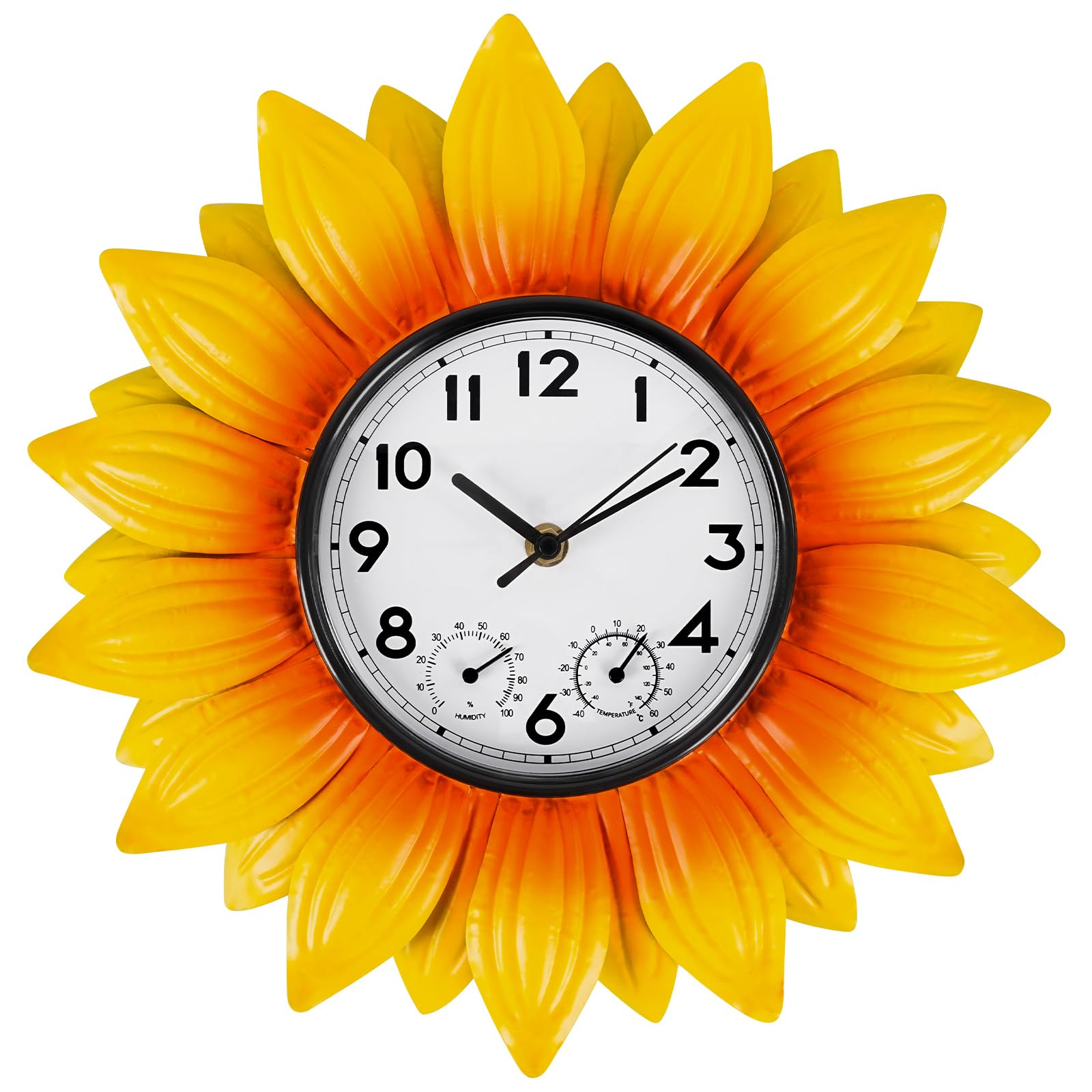 Photo 1 of YIWEMON Metal Sunflower Wall-Mounted Indoor Outdoor Clock Thermometer and Hygrometer Combo?13 Inch Wall Clock Quartz Clock Silent No-Ticking for Patio,Kitchen, Living Room,Bathroom,bedrooms,Garden