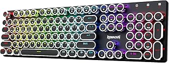 Redragon Wireless Typewriter Style Mechanical Gaming Keyboard, Bluetooth/2.4Ghz/Wired, RGB Backlit, Rechargeable, Blue Switch - Clicky, Metal Panel, Round Keycaps, Black