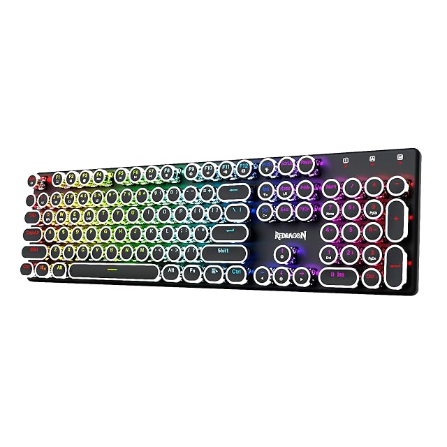 Redragon Wireless Typewriter Style Mechanical Gaming Keyboard Bluetooth 2 4Ghz Wired RGB Backlit Rechargeable Blue Switch - Clicky