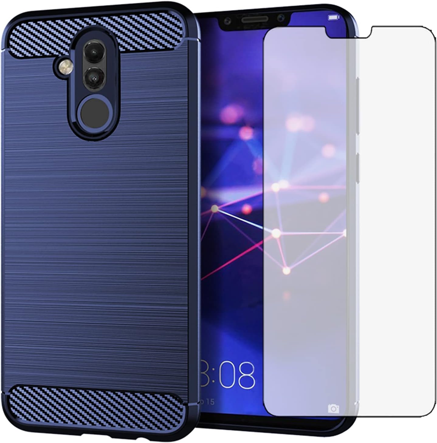 Phone Case for Huawei Mate 20 Lite and Tempered Glass Screen Protector Film Cover with Mobile Bumper Accessories Slim Thin Shockproof Soft Silicone Rubber TPU Huwai Hwauei Hawaii Girls Men Blue