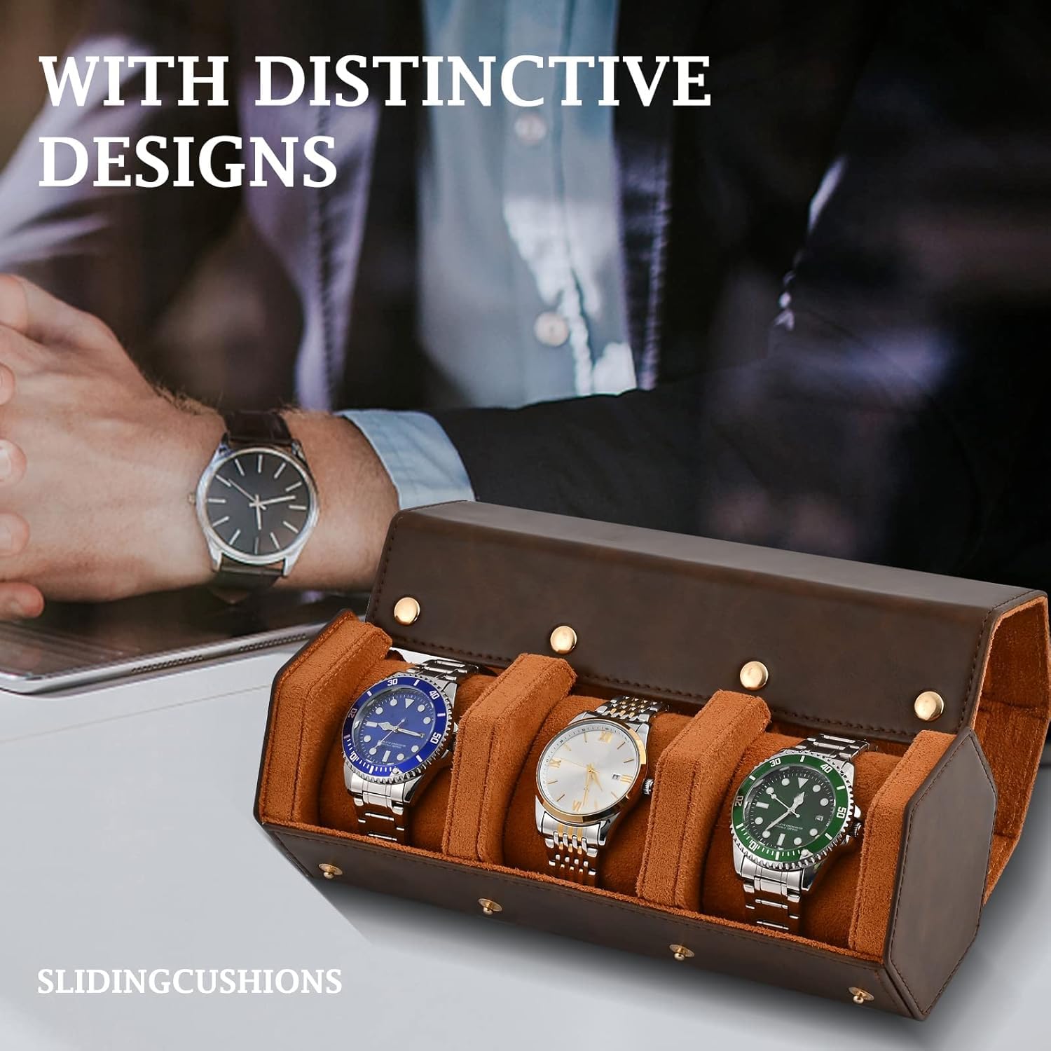 ROSELLE Custodia per orologi da viaggio per uomini e donne, custodia per orologi per 3 orologi | Pelle di lusso|Progettato per cinturini di orologi in acciaio e pelle metallo gomma e braccialetti Storage & Display