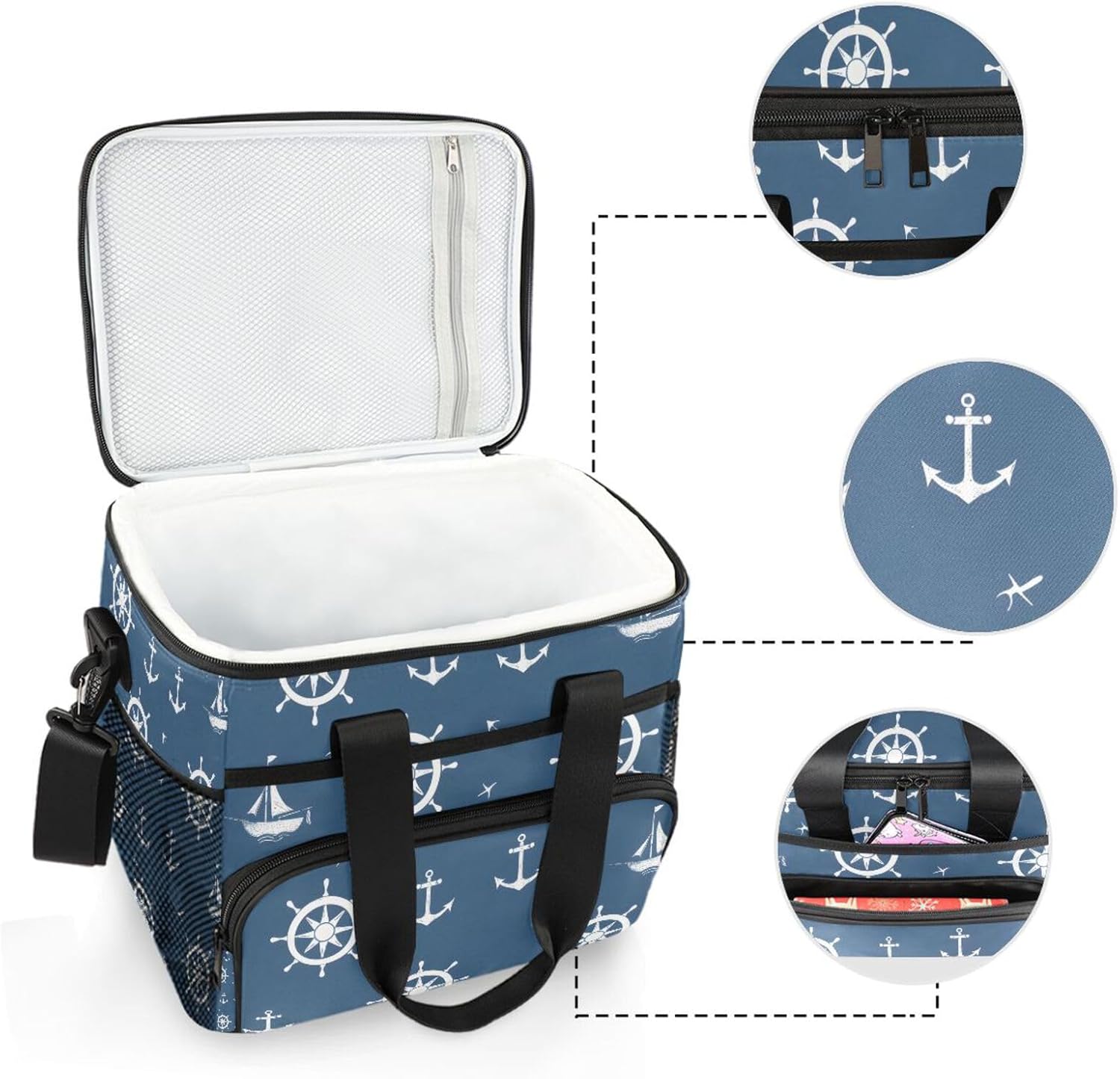 Blue Nautical Pattern Cooler Bag Insulated Cooler Soft Sided Cooler 24 Can Portable Picnic Bag Large Leakproof Lunch Bag Box for Beach Grocery Camping Travel Car Men Women