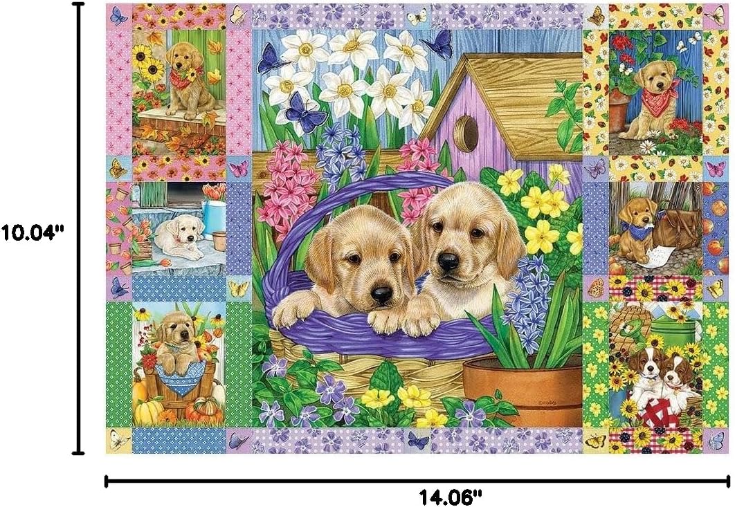 Cobble Hill 1000 Piece Puzzle - Puppies and Posies Quilt - Sample Poster Included