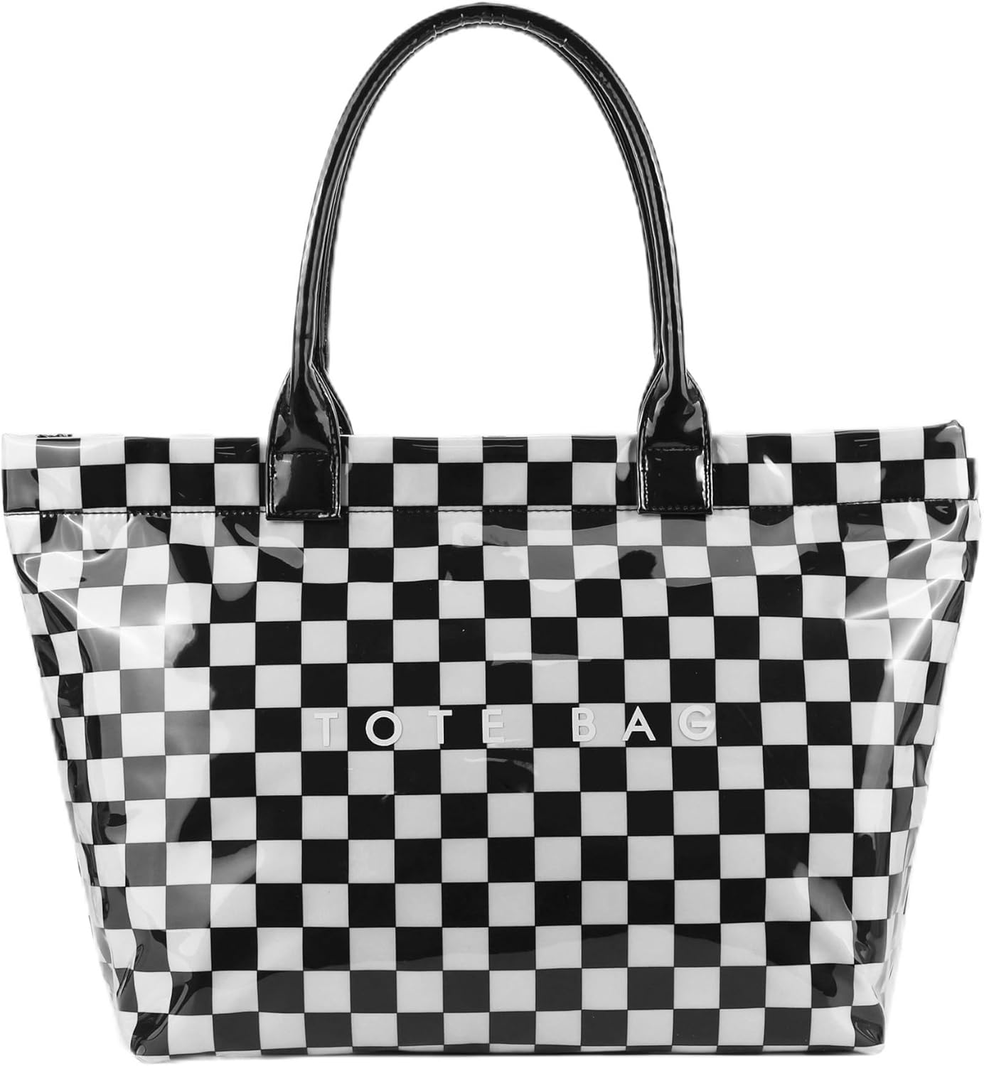Lushandy Checkered Tote Bag Women's PVC Tote Bag with Zipper Plastic Letters Print Hobo Handbag Checkered Purse for Work