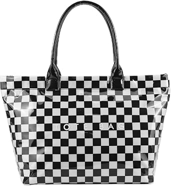 Lushandy PVC Tote Bag with Zipper Checkered Tote Bag Large Plastic Letters Print Hobo Handbag Checkered Purse for Work Travel | Waterproof Surface