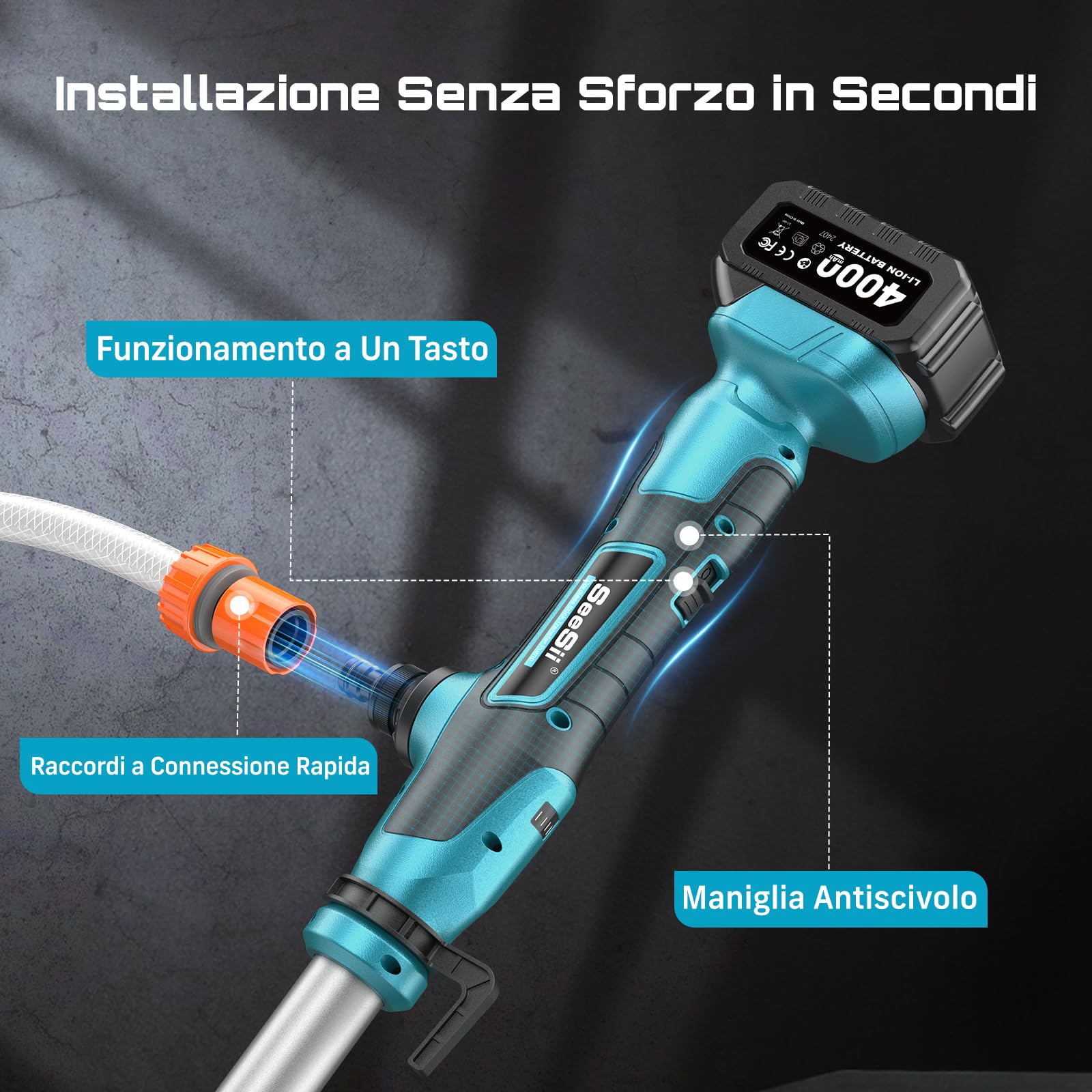 Seesii Pompa per acqua senza fili a bastone, batteria 4000mAh 21V, 720GPH, sollevamento 32 piedi, uscita 3/4". Ideale per drenaggio piscine, giardini, stagni, RV e barche. Leggera e portatile