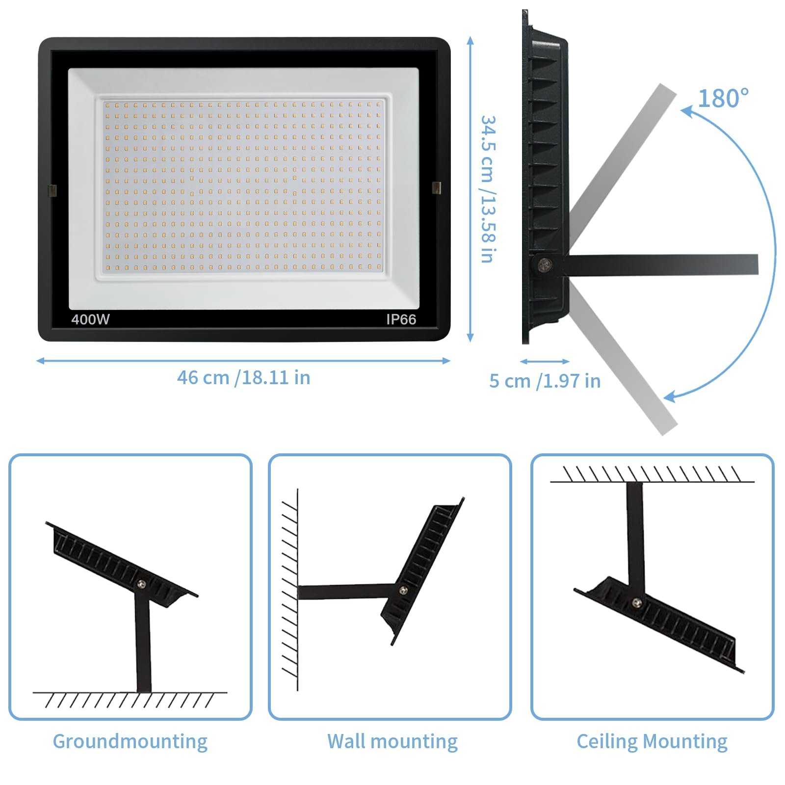 Led Spotlight Outdoor 400W, IP66 Waterproof, 3000K Floodlight for Home Garage, Courtyard, Patio, Field - Image 2