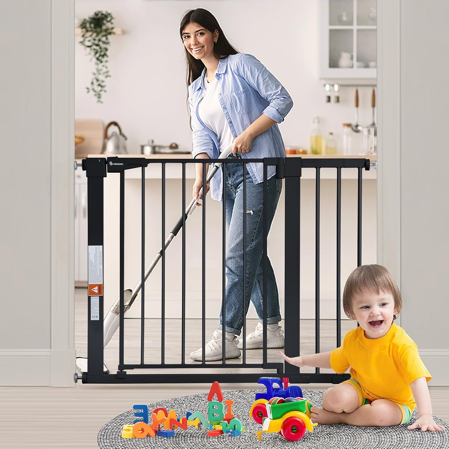 COMOMY 29.5-40.5" Extra Wide Baby Gate, Auto Close Dog Gate for House Doorways Stairs, Pressure Mounted Easy Walk Thru Pet Gate Safety Child Gate, Includes 4 Wall Cups and 2 Extension Pieces, White