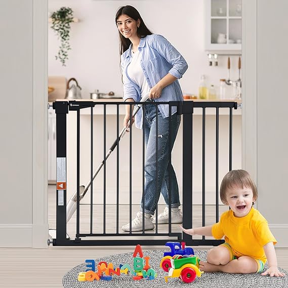 COMOMY 29.5-40.5 Extra Wide Baby Gate, Auto Close Dog Gate for House | Pressure Mounted Easy Walk Thru Pet Gate Safety Child Gate, Includes 4 Wall Cups and 2 Extension Pieces, Black