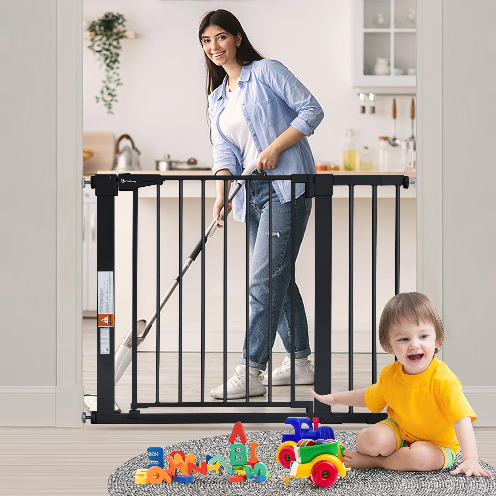 COMOMY Barrera de Seguridad Extensible 75-103 cm, Barrera de Seguridad para niños con Sistema de Cierre automático, 7cm y 14cm Extensiones, Negro | Puerta de seguridad para mascotas montada a presión, incluye 4 tazas de pared y 2 piezas de extensión, colo
