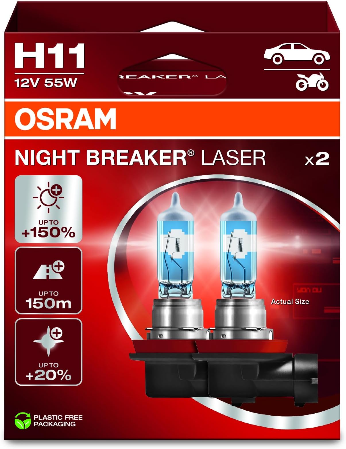 Night Breaker Laser H11, 150% More Brightness, Halogen Headlight Bulb, 64211NL-2HB, 12 V Car, Hanging Box (2 Lamps), White