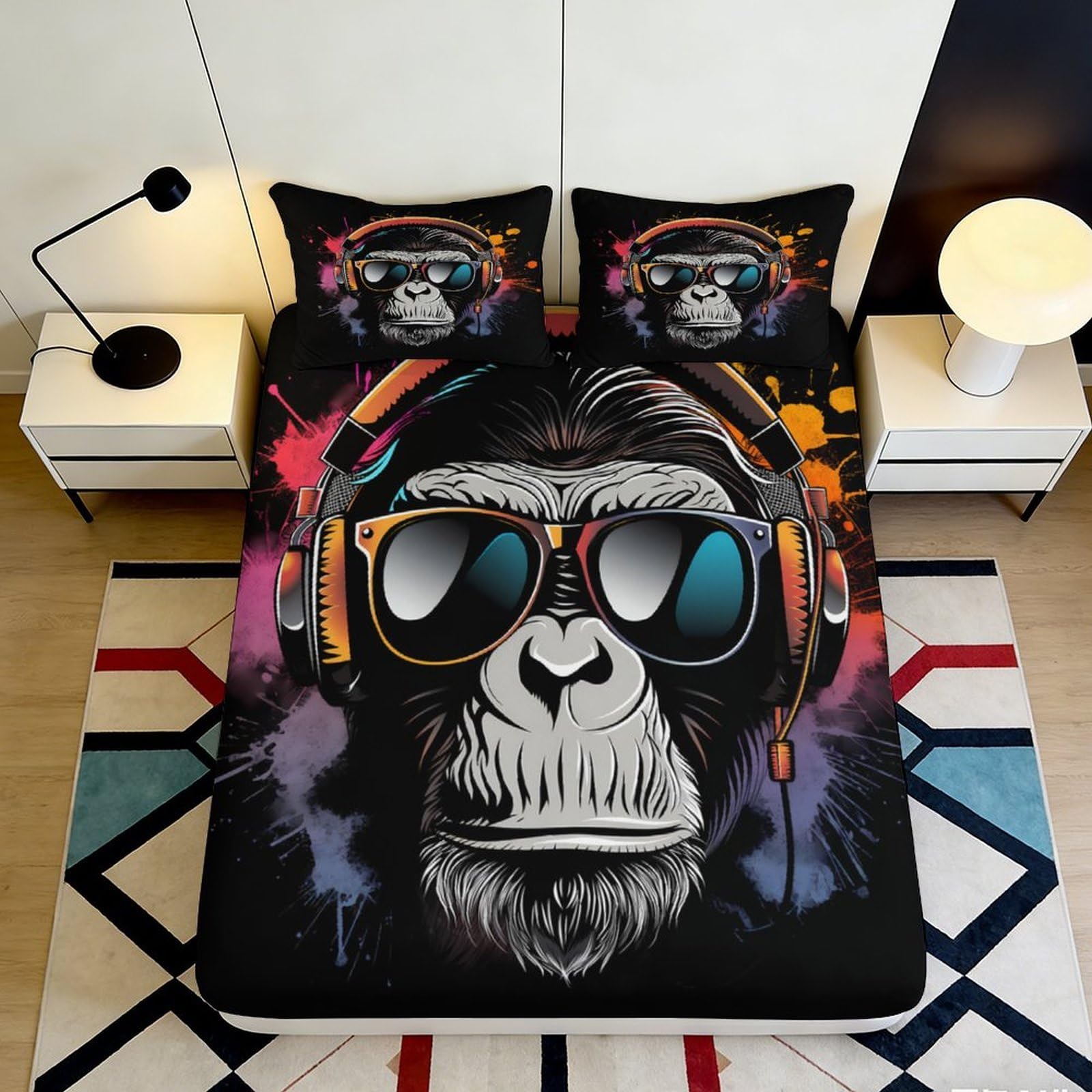 3D Printed Funky Monkey Fitted Sheet Microfiber Soft Breathable Graffiti Headphones Mattress Cover for Bedroom Dorm Decor 90x200x25cm