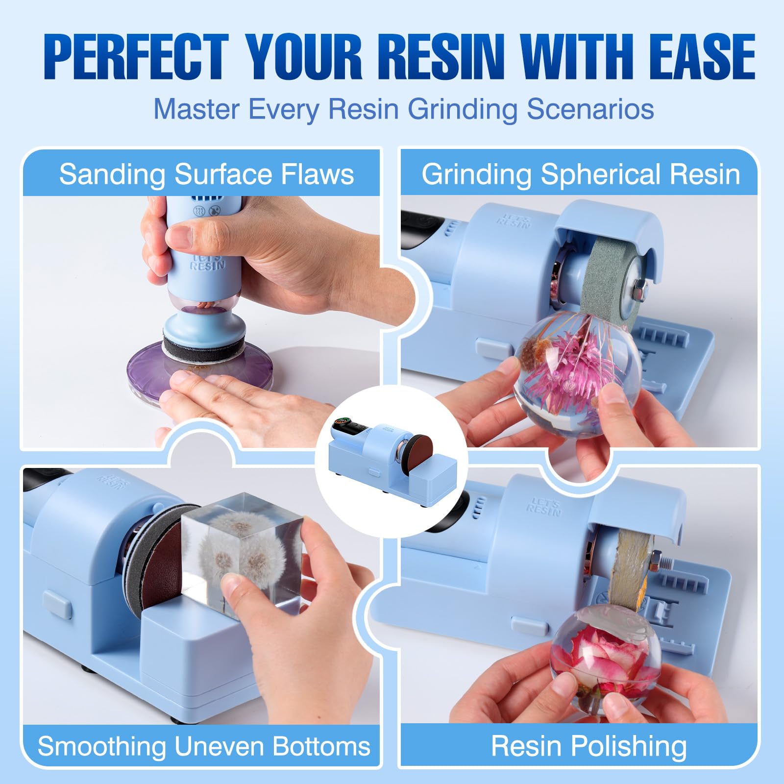 LET'S RESIN 4-in-1 elektrische Harzschleifer und Polierer, 2000 mAh x 2 große Akkukapazität, leistungsstarkes 3-Gang-LCD-Display, kompakt und leicht für Harzschleifen, Glas, Metall, Jade usw