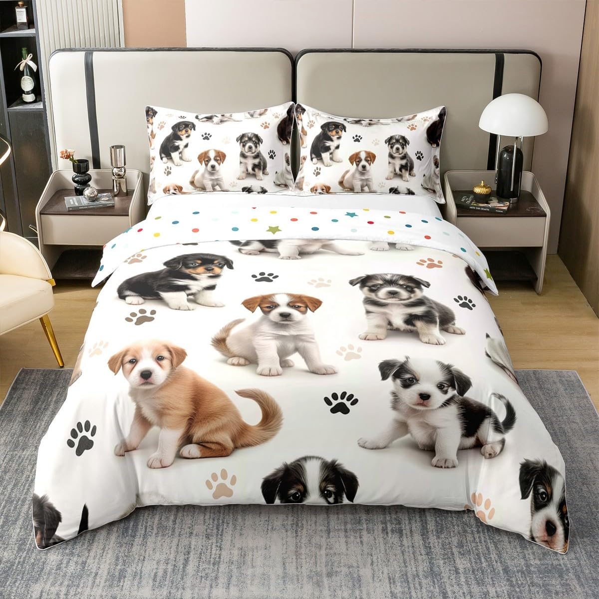 3D Dogs 100% Cotton Duvet Cover Twin Puppy Cute Pet Animal Bedding Set for Girls Boys Kids Cartoon Paws Print Comforter Cover Black Brown Quilt Cover with 1 Pillowcase(Not Comforter)