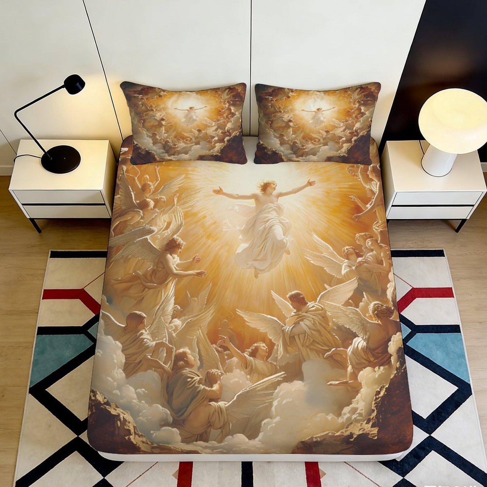 3D Printed Angelic Light Fitted Sheet Microfiber Soft Bed Cover Baroque Heaven Scene for Bedroom Home Decor 90x200x25cm