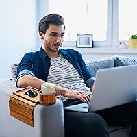 Vista 7 de Bandeja para portavasos de sofá, mesa de madera de acacia con soporte para teléfono, bandeja plegable grande para sofá para mesa de aperitivos