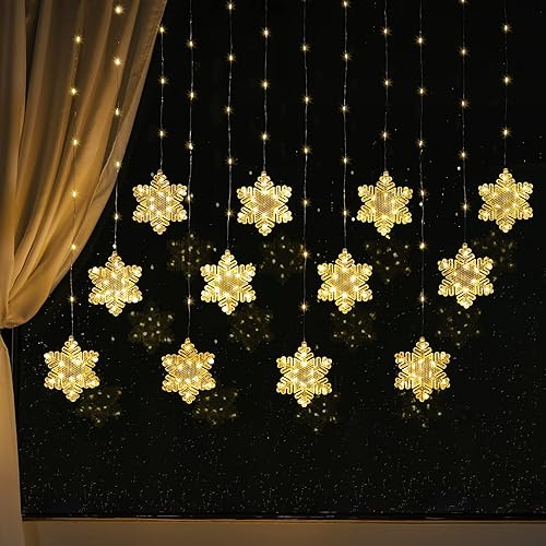 BLOOMWIN Luces de ventana de decoración de Navidad de 10 pies, 12 copos de nieve, luces de carámbano, luces USB de cortina de Navidad para