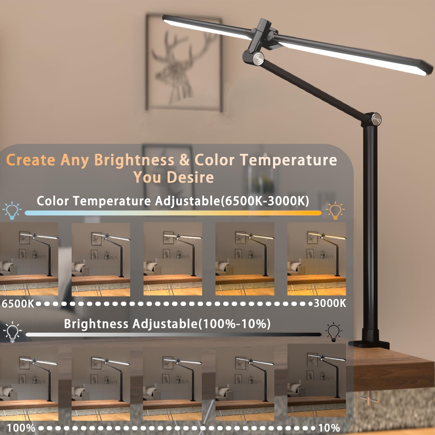 Hapfish Lampada da Scrivania a LED,24W Doppia Testa Luce per Monitor PC | 5 Temperatura Colore e 5 Livelli Luminosità,Super Larga e Luminosa,Lampade da Tavolo per Ufficio Studiare Schermo