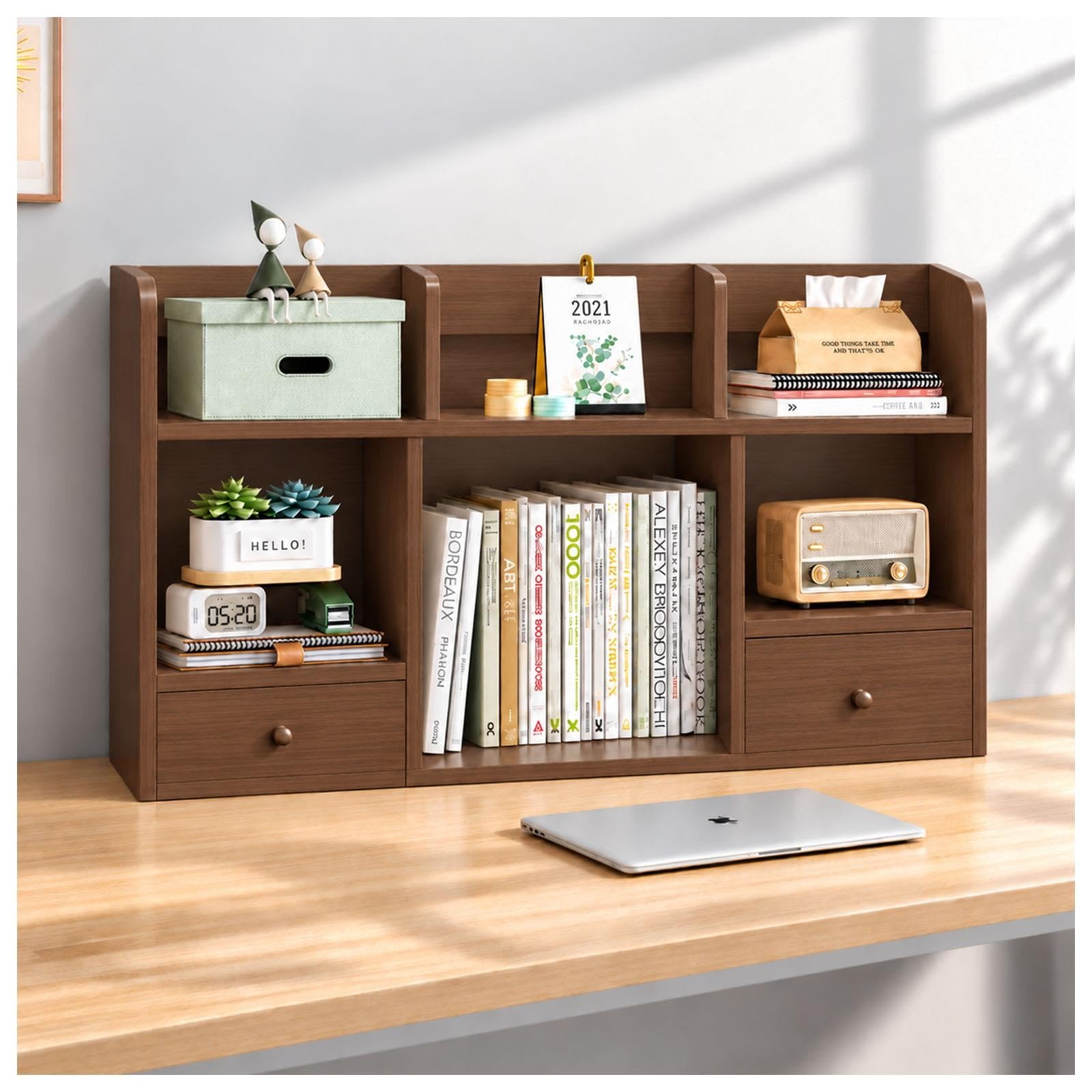 Desktop Bookshelf with 2 Drawers, Freestanding Desk Hutch Organizer