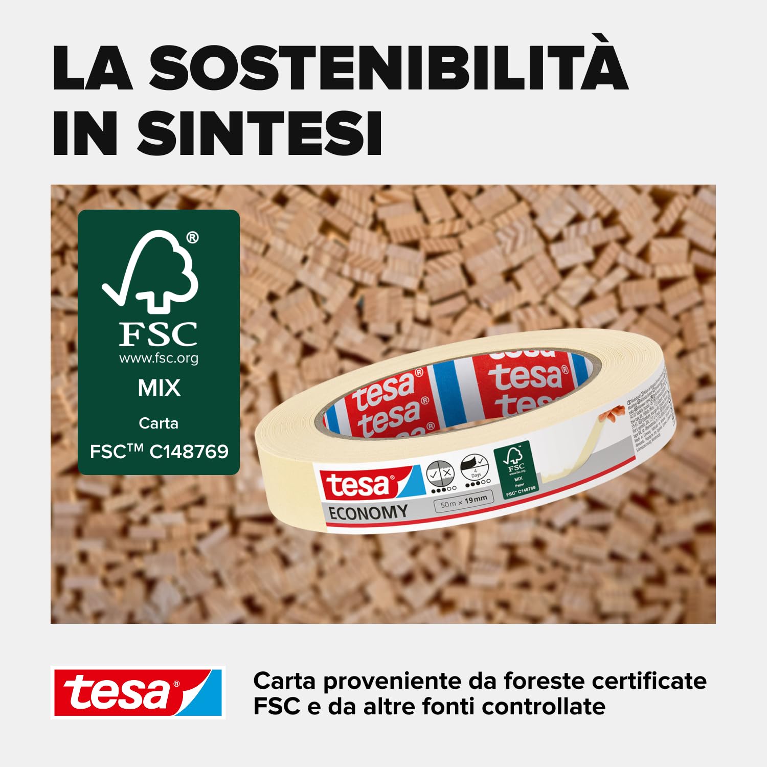 Tesa Nastro Per Mascheratura Economy Ecologo Carta 50 x 19 mm Beige Rimozione Senza Residui