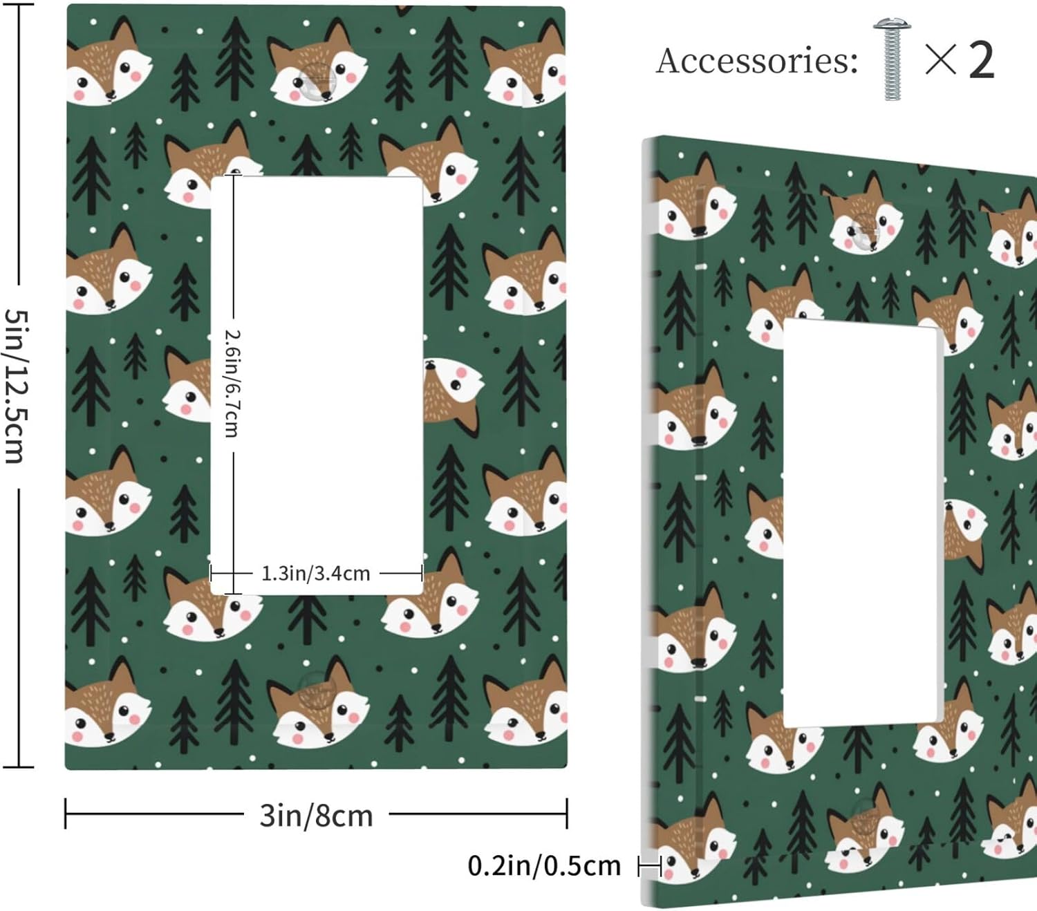 1 Gang Single Rocker Cute Fox Black Pine Tree Green Decorative Light Switch Cover - GFCI Outlet Wall Plate for Bathroom Bedroom 5X3 Inch